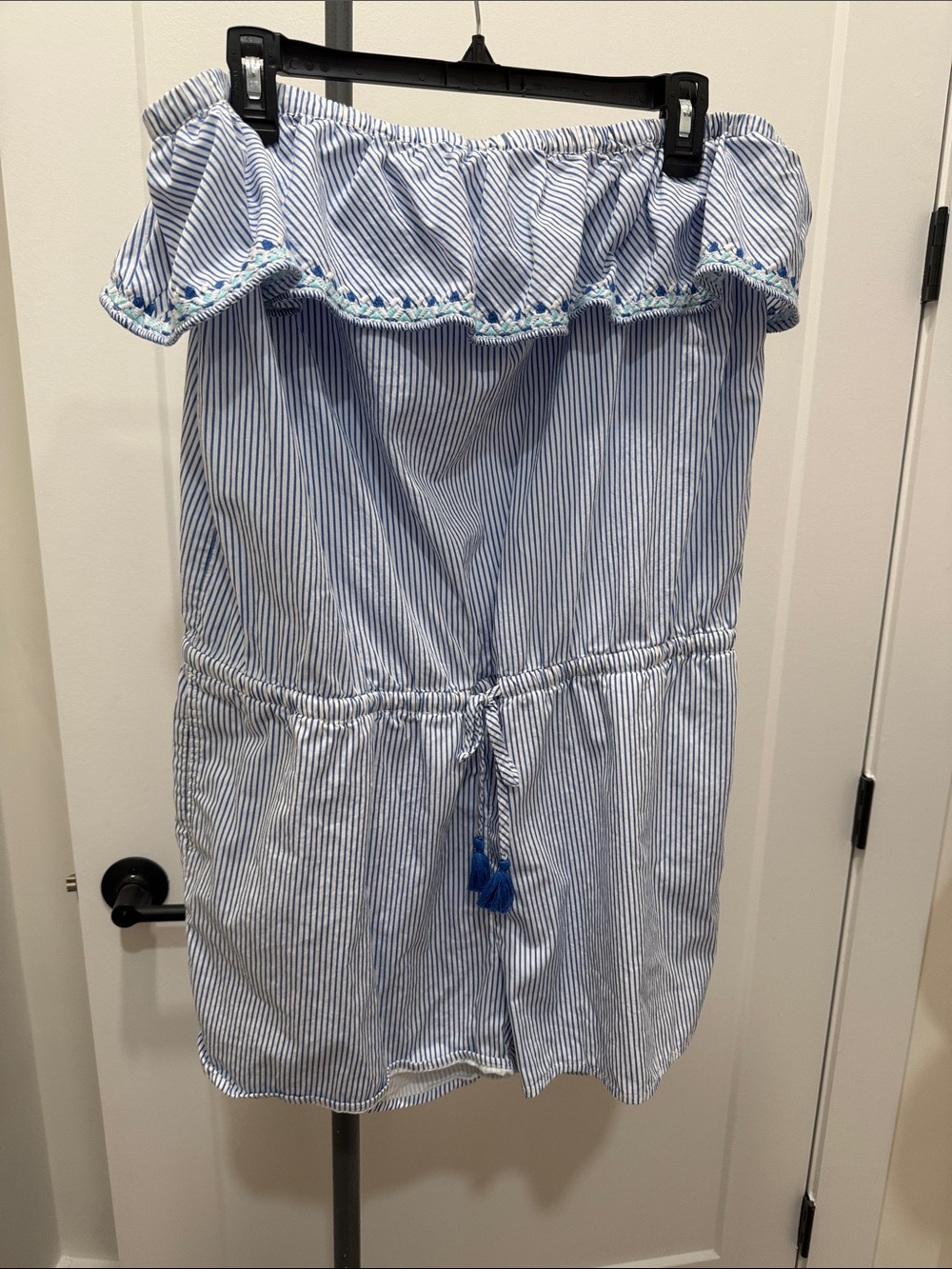 Vineyard Vines Striped Off-Shoulder Tassel Romper in Blue and White